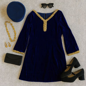 Vintage Blue Velvet Gold Sequin Mini Dress Gogo